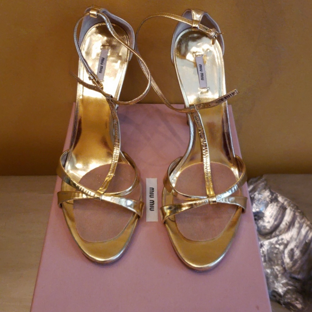 Miu Miu Metallic Gold Sandal with Jeweled Heel - Picture 3 of 7